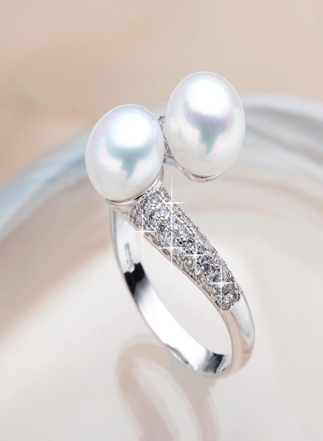 HENGSHENG Pearl Ring Open Twist Stacking Rings for Women Freshwater Bread Pearl with Zirconia Adjustable Crossover Statement Ring Band - White - Image 4