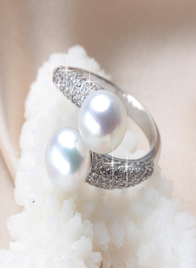 HENGSHENG Pearl Ring Open Twist Stacking Rings for Women Freshwater Bread Pearl with Zirconia Adjustable Crossover Statement Ring Band - White - Image 3