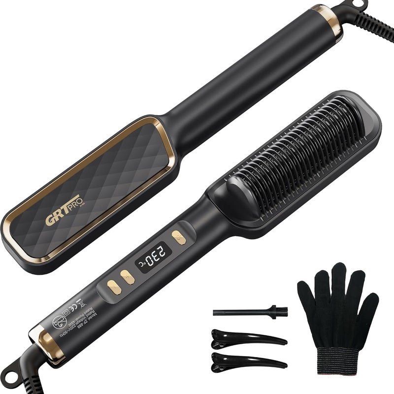 GRT PRO Hair Straightener Brush, Ceramic Hair Straighteners and Straightening Brush 2-in-1 for Women,PTC Ceramic Hot Anti-Scald, Fast Heating, 30 Temperature Settings (80℃~230℃) LED Display for Women (Black) - Image 1