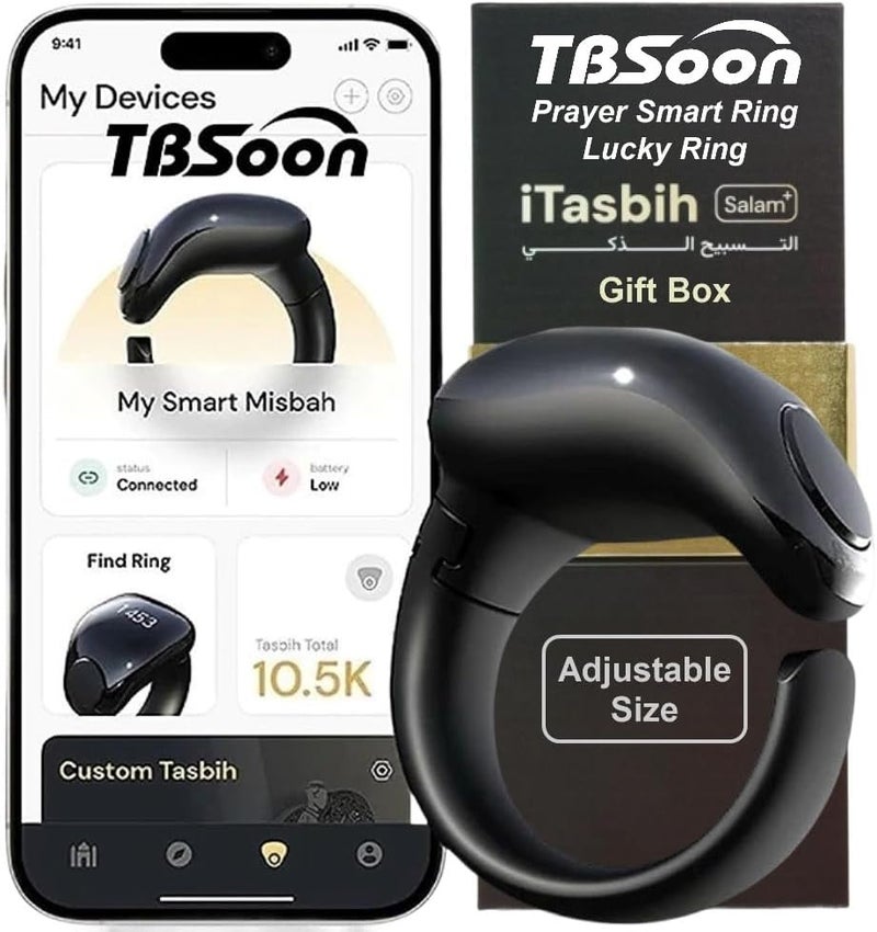 TBSoon Fashion Tasbih Smart Ring, Tasbeeh Counters, Prayer Direction Indicator Guide,5 Azan Alarm Clock,Forgiveness,Electronic Rosary,Eid al-Fitr Eid al-Adha Ramadan Gift for men women, Black Adjustable Size - Image 2