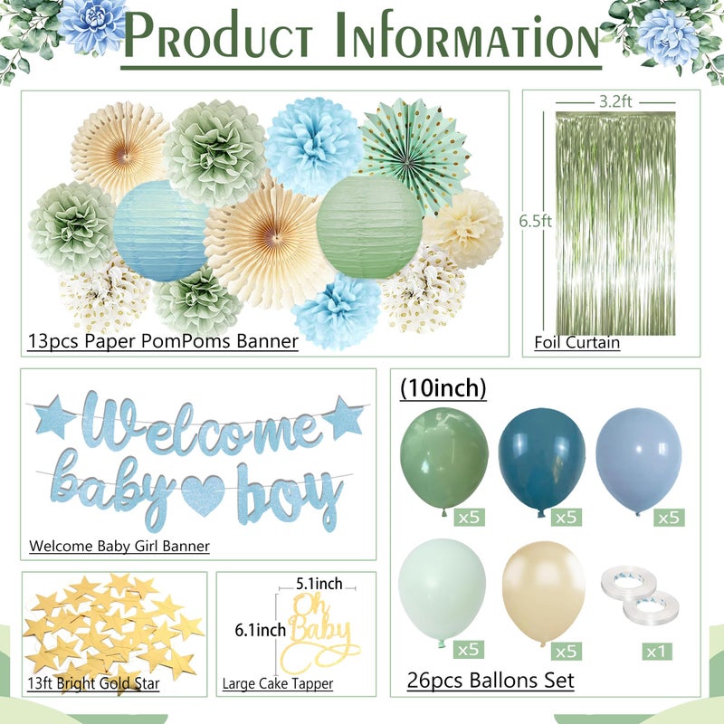 Vztipki Dusty Blue Sage Green Baby Shower Decorations -Welcome Baby Boy Banner, Retro Sea-blue Green Balloons, 'Oh Baby' Cake Topper, Pom Poms Flowers Paper Fan For Birthday Jungle Boho Blue-Party DÃ©cor - Image 2