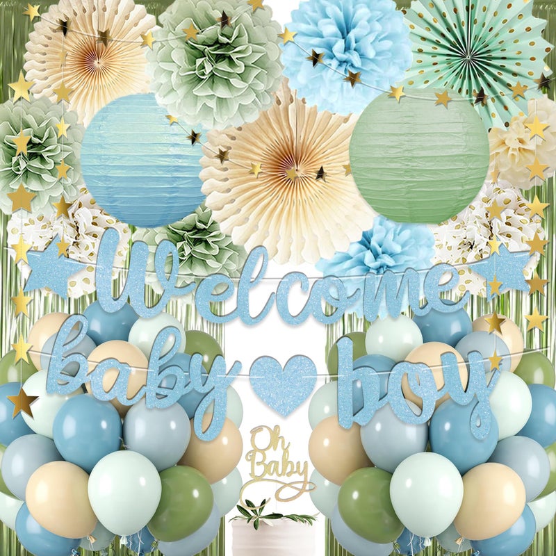 Vztipki Dusty Blue Sage Green Baby Shower Decorations -Welcome Baby Boy Banner, Retro Sea-blue Green Balloons, 'Oh Baby' Cake Topper, Pom Poms Flowers Paper Fan For Birthday Jungle Boho Blue-Party DÃ©cor - Image 1