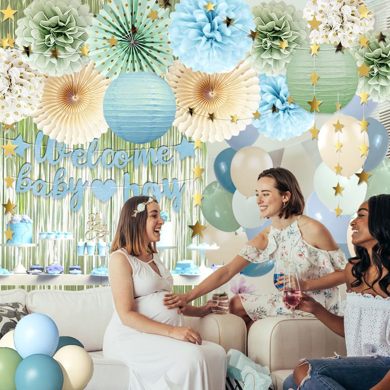 Vztipki Dusty Blue Sage Green Baby Shower Decorations -Welcome Baby Boy Banner, Retro Sea-blue Green Balloons, 'Oh Baby' Cake Topper, Pom Poms Flowers Paper Fan For Birthday Jungle Boho Blue-Party DÃ©cor - Image 5