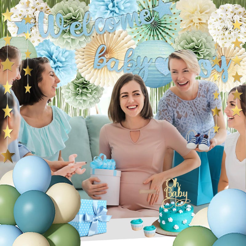 Vztipki Dusty Blue Sage Green Baby Shower Decorations -Welcome Baby Boy Banner, Retro Sea-blue Green Balloons, 'Oh Baby' Cake Topper, Pom Poms Flowers Paper Fan For Birthday Jungle Boho Blue-Party DÃ©cor - Image 4
