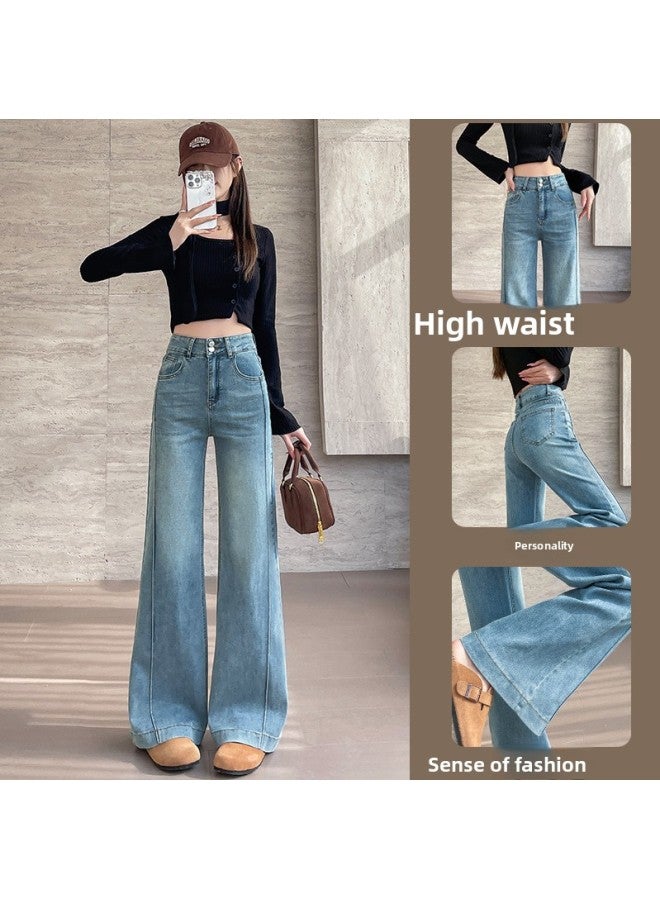 American Wide-Leg Jeans For Women Spring & Fall Style Loose Slimming Look Hip-Covering Splicing Design FlaPants 