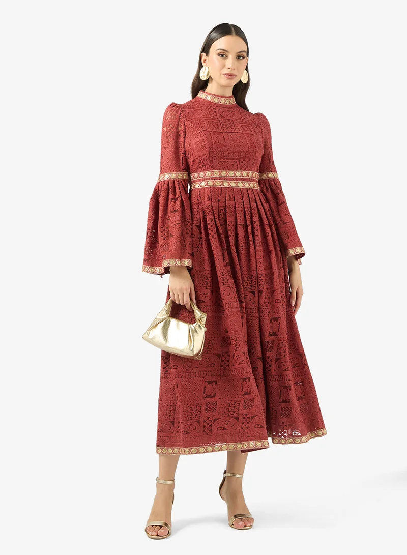 Khizana  Lace A-line Dress With Flare Sleeves for Women | Best Price UAE