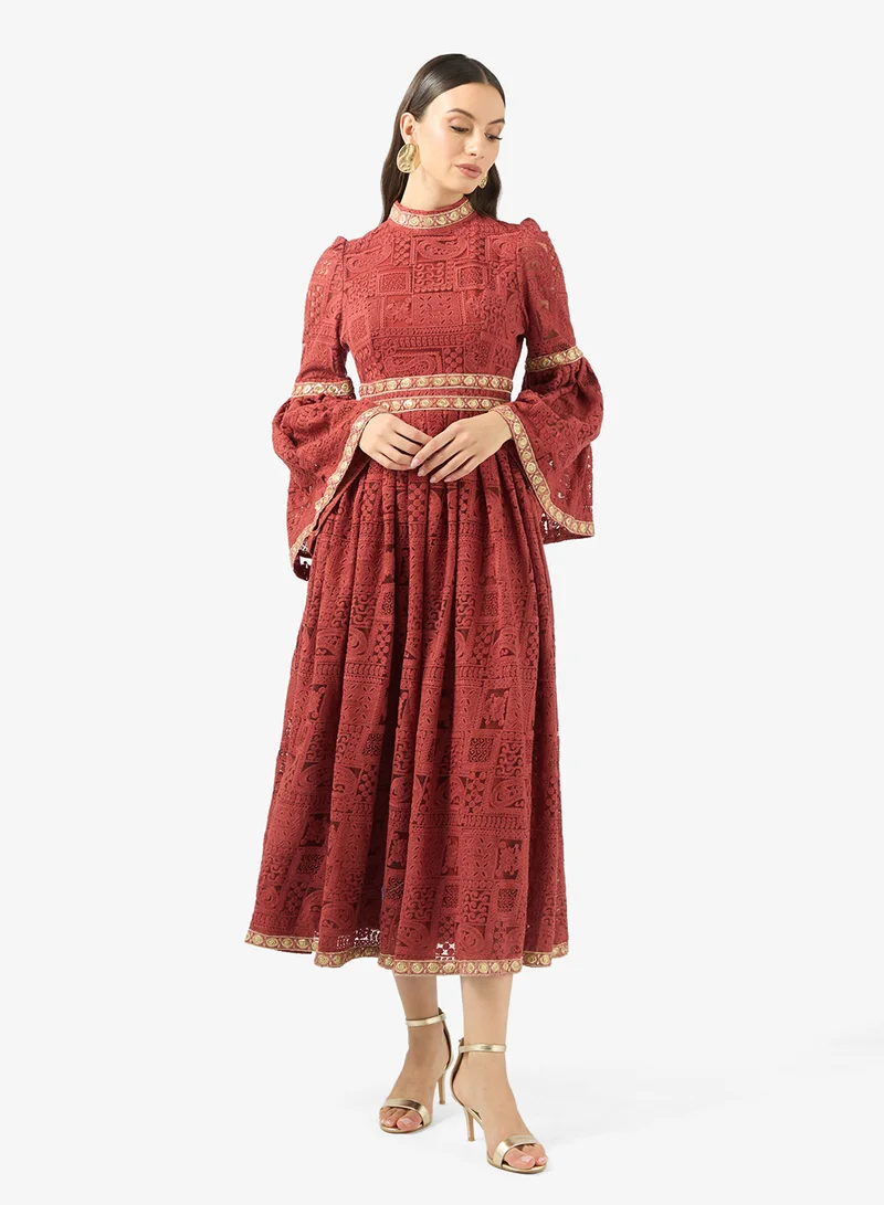 Lace A-line Dress With Flare Sleeves