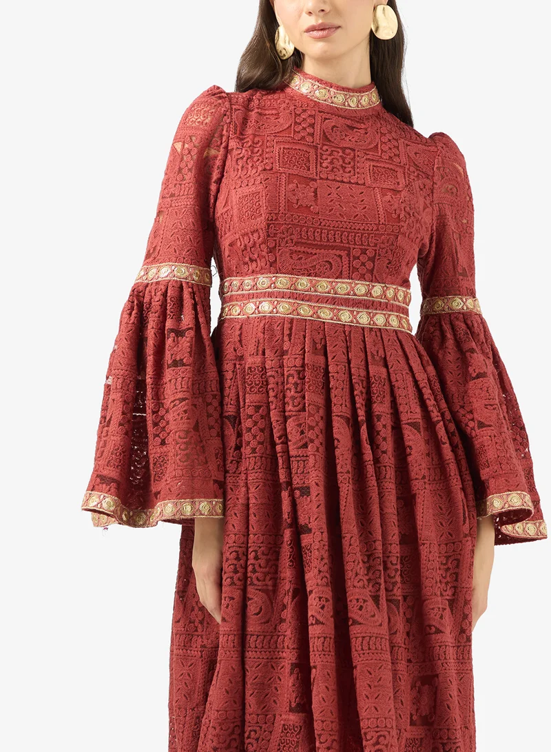 Khizana  Lace A-line Dress With Flare Sleeves for Women | Best Price UAE