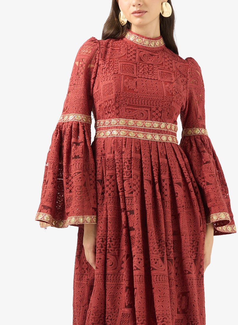 Khizana Lace A-line Dress With Flare Sleeves - Image 3