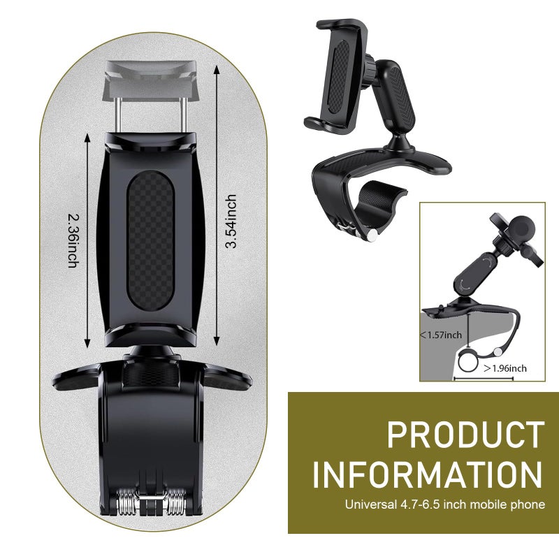 DACIRTY 360Â° Rotatable Car Phone Holder â€“ Adjustable Spring Clamp for 4.7"-6.5" Smartphones, Anti-Shake Navigation Mount with Sun Visor & Rearview Mirror Clip, Hinge-Style Twist for Stability (Black) - Image 2