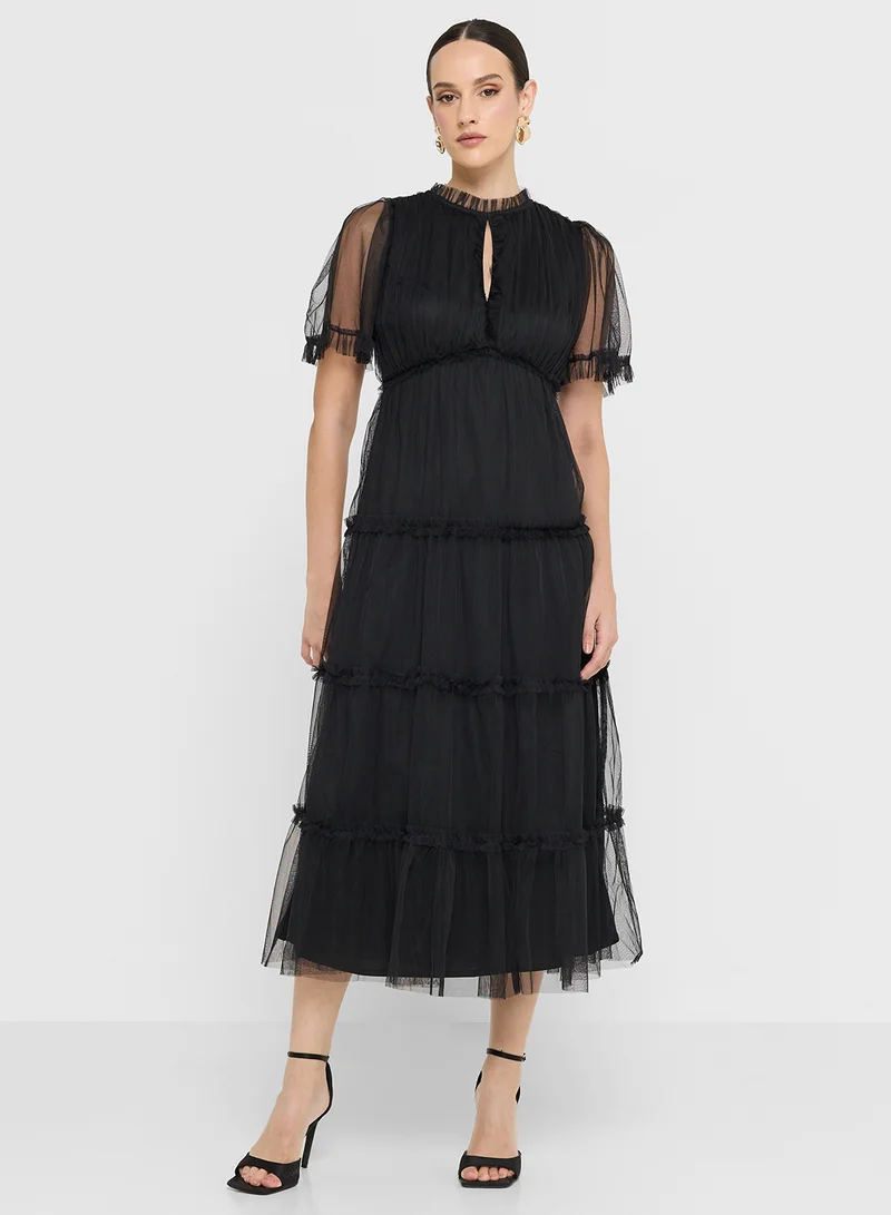 Anaya With Love Mesh Ruffle Detail Flutter Sleeve Midi Dress