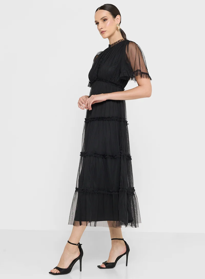 Anaya With Love Mesh Ruffle Detail Flutter Sleeve Midi Dress
