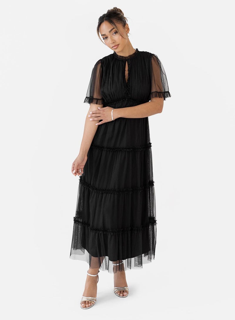 Anaya With Love Mesh Ruffle Detail Flutter Sleeve Midi Dress - Image 1