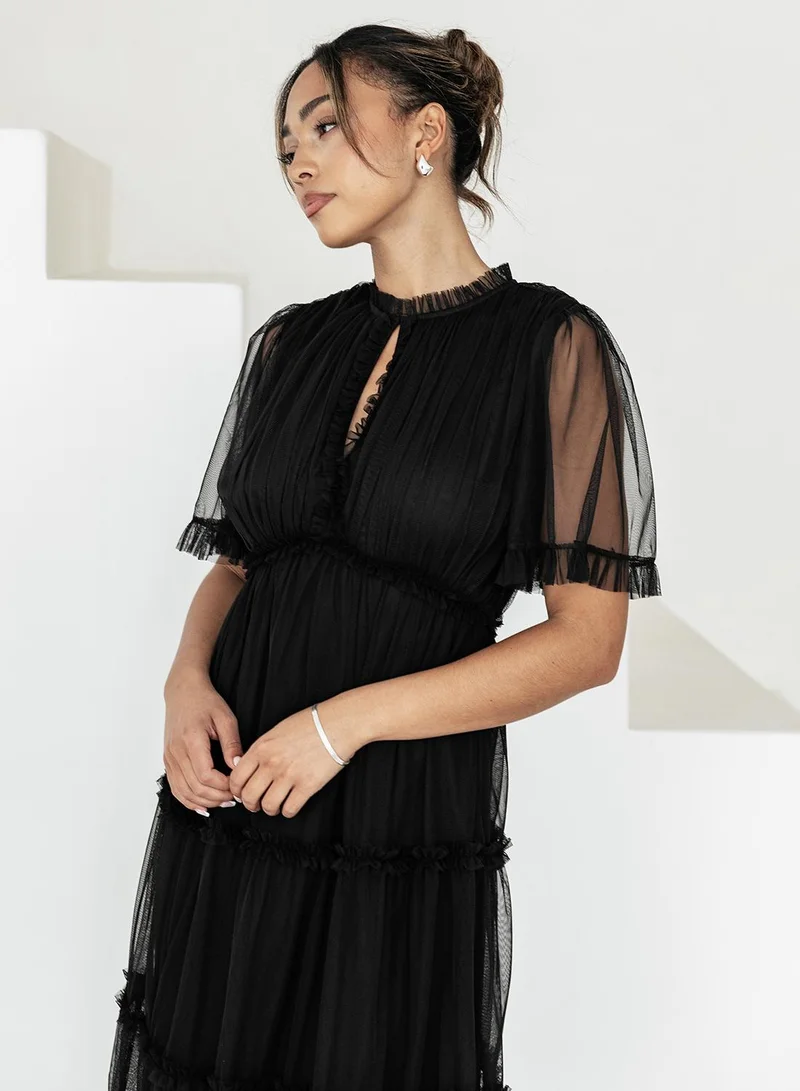 Anaya With Love Mesh Ruffle Detail Flutter Sleeve Midi Dress