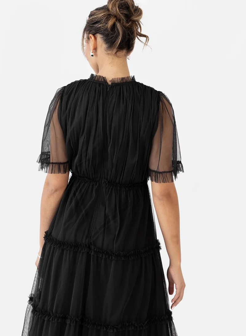 Anaya With Love Mesh Ruffle Detail Flutter Sleeve Midi Dress