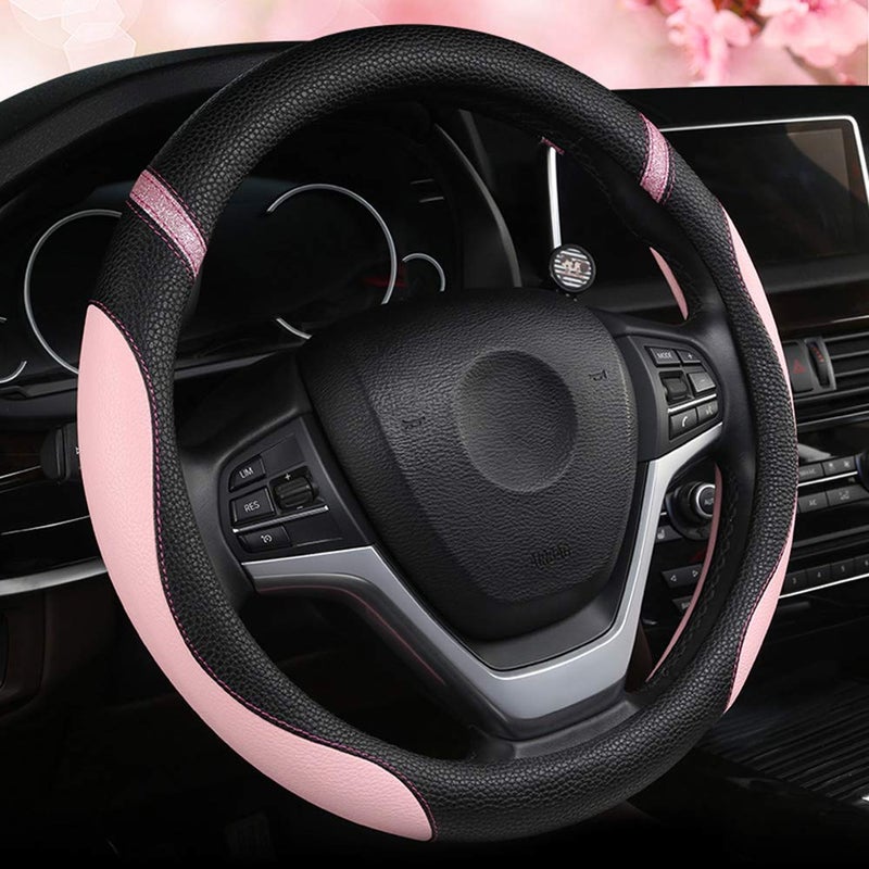 Cxtiy Steering Wheel Cover for Women Leather Universal Steering Wheel Covers for Car 15 inch Pink