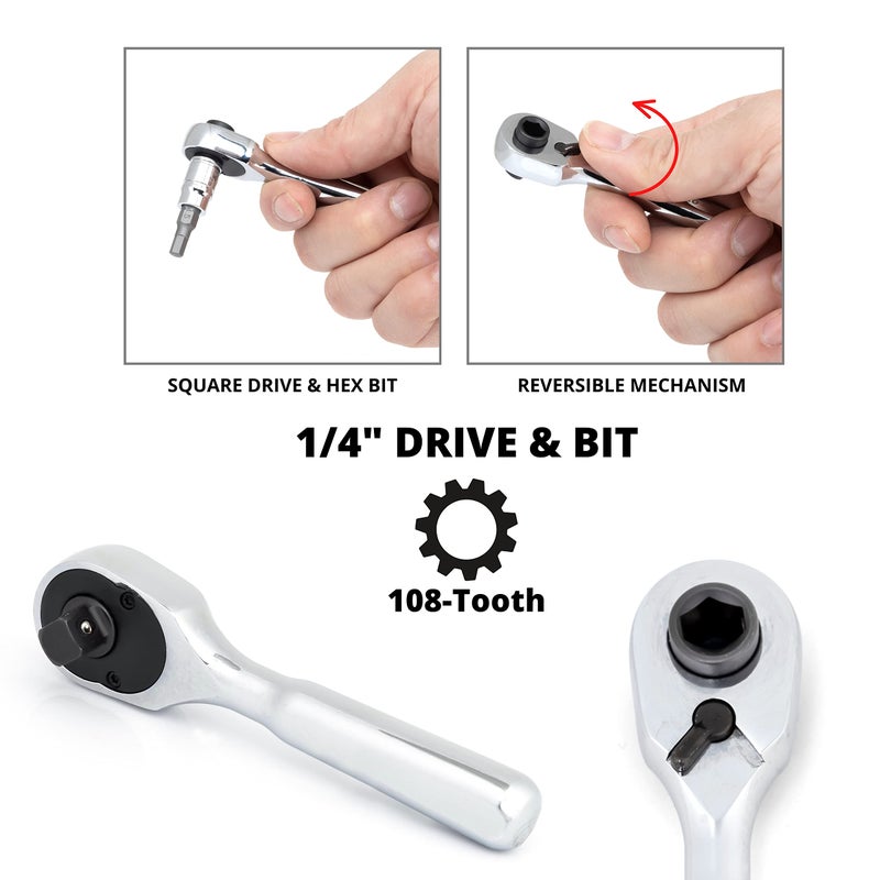 Neiko 03002A Stubby Ratchet, 1/4 Inch Ratchet Wrench and Bit Driver, 108-Tooth Reversible Ratchet, 3.3 Degree, Mini 1/4 Ratchet Drive, Oval Head Wrench, CR-V Steel Quarter Inch Small Ratchet Wrench - Image 3