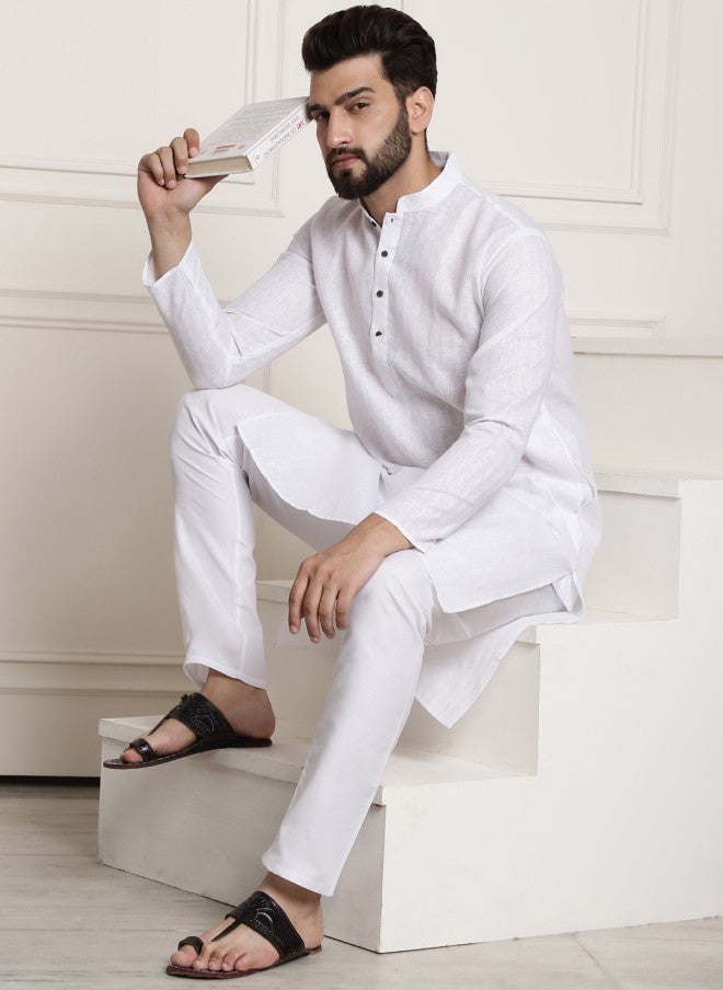 Sojanya White Checked Mandarin Collar Kurta for Men - Image 5