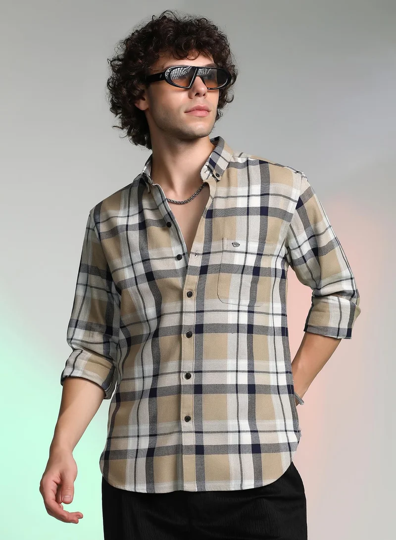 Campus Sutra Men's Sand Beige Shadow-Checkered Shirt For Casual Wear | Spread Collar | Long Cuffed Sleeves | Button Closure | Shirt Crafted With Comfort Fit For Everyday Wear
