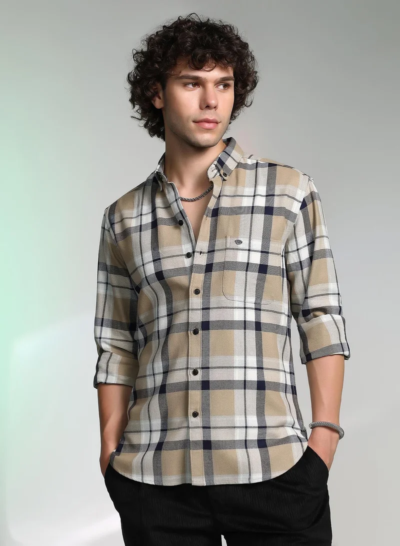 Campus Sutra Men's Sand Beige Shadow-Checkered Shirt For Casual Wear | Spread Collar | Long Cuffed Sleeves | Button Closure | Shirt Crafted With Comfort Fit For Everyday Wear