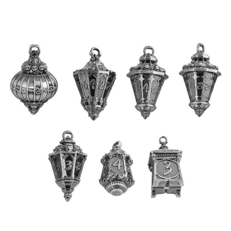 Cusdie 7Piece Lantern DND Dice SetMetal Dice with Skull Dice Bag Perfect for Tabletop RPGs Board Games Gifting and CollectingAncient Silver - Image 3