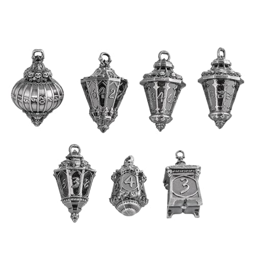 Cusdie 7Piece Lantern DND Dice SetMetal Dice with Skull Dice Bag Perfect for Tabletop RPGs Board Games Gifting and CollectingAncient Silver - Image 1