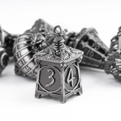 Cusdie 7Piece Lantern DND Dice SetMetal Dice with Skull Dice Bag Perfect for Tabletop RPGs Board Games Gifting and CollectingAncient Silver - Image 5