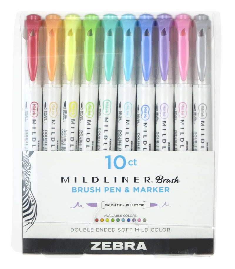 Zebra Pen Mildliner Double-Ended Brush Marker, Brush and Fine Tip Pen, Ideal for Bible Highlighting, No Bleed, Assorted Soft Hue Colors, 10-Pack (79101) - Image 1