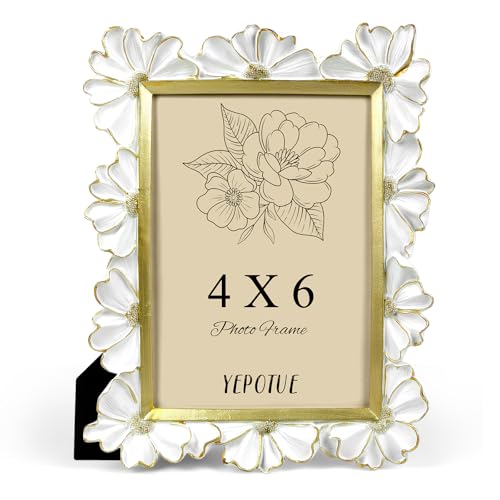 YEPOTUE 4x6 Vintage Flower Picture Frame, Ornate Antique Photo Frame with Glass Front, Elegant Picture Frame for for Wall or Tabletop Display, Gift ldeas for Home Decor (White Gold) - Image 1