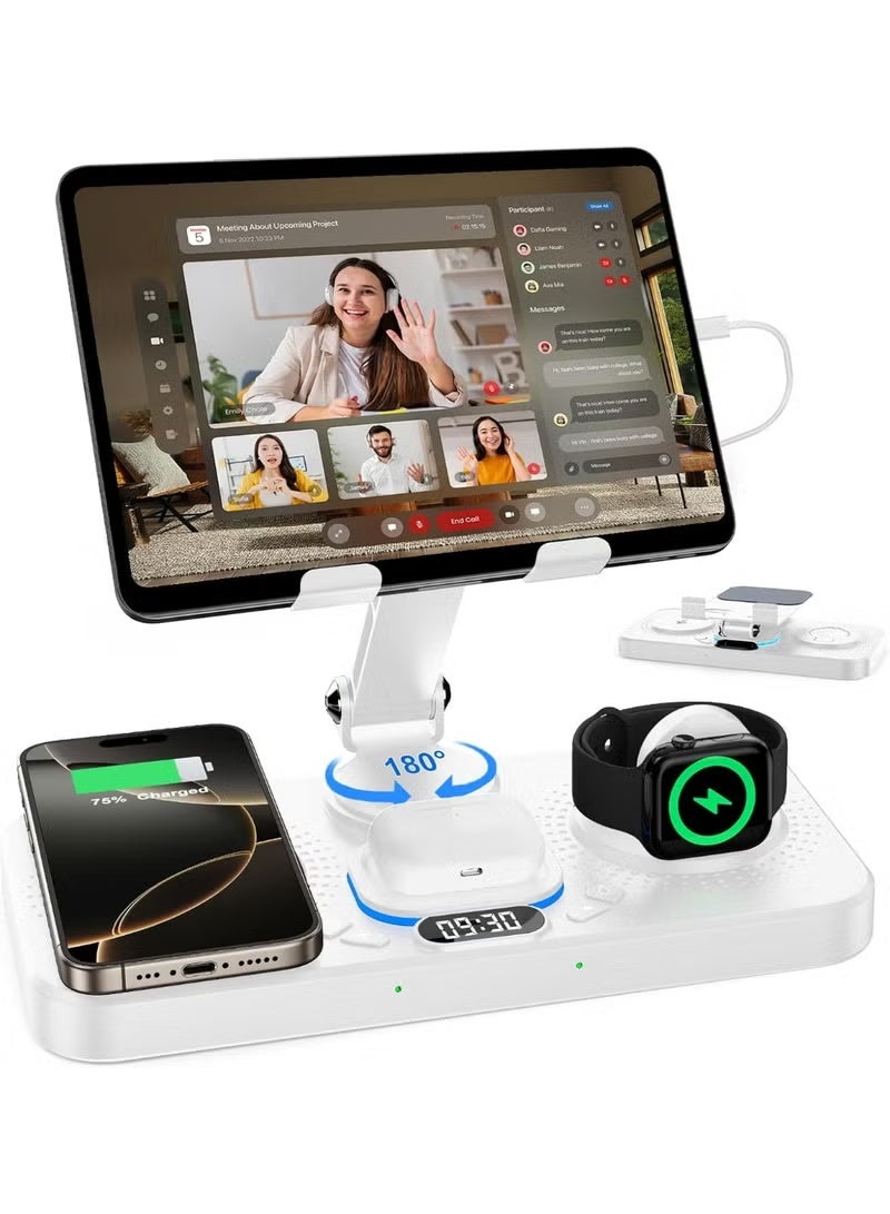 LBMT شاحن لاسلكي قابل للطي لمنتجات Apple،محطة شحن مزودة بضوء 7 ألوان وشاشة عرض للساعة،شحن سلكي لجهاز iPad/محطة شحن الكمبيوتر اللوحي لجهاز iPhone 16/15/14، سلسلة iWatch، AirPods 4/3 (أبيض) - Image 1