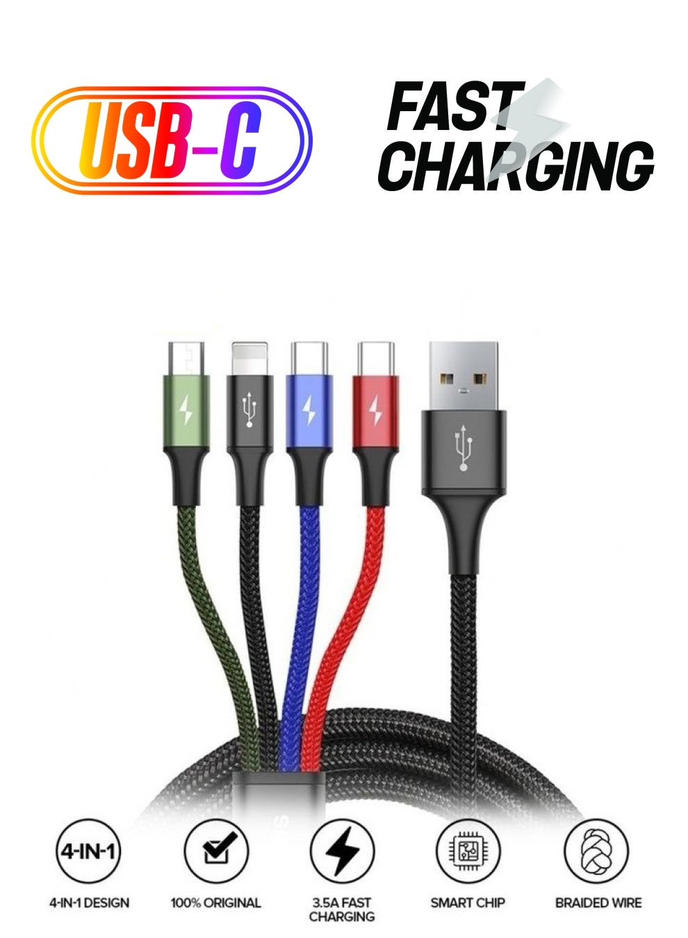 4-in-1 Nylon Braided Multi Fast Charging Cord Multiple Charger Cable Dual Type-C, Lightning, Micro USB For iPhones, Tablets, Samsung Galaxy, PS And More Multicolour (2-Type-C Series) Multicolour