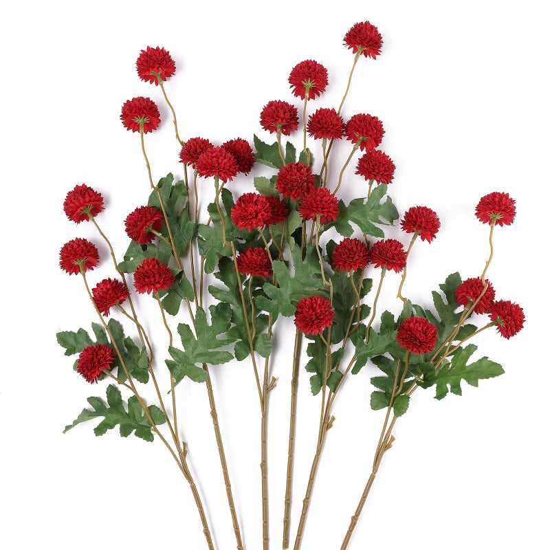 mizii 6Pcs Red Fake Silk Pompon Mum Artificial Flowers Bulk Small Faux Chrysanthemums with Stems Realistic Floral Decorations for Wedding DIY Bouquet Centerpieces Shower Vase Home Decor (Red) - Image 1