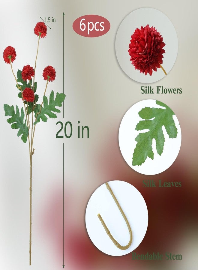 mizii 6Pcs Red Fake Silk Pompon Mum Artificial Flowers Bulk Small Faux Chrysanthemums with Stems Realistic Floral Decorations for Wedding DIY Bouquet Centerpieces Shower Vase Home Decor (Red) - Image 2