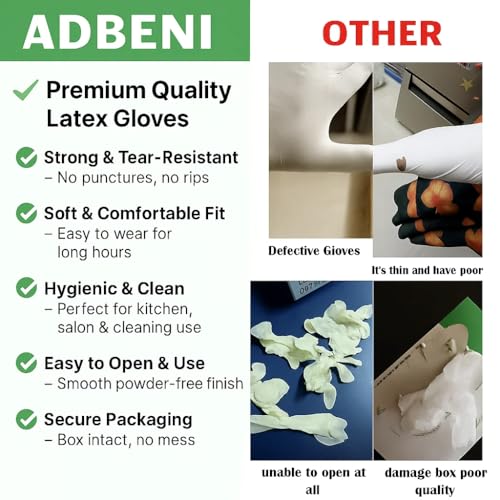 adbeni Disposable Latex Gloves | Food Handling | Powder Free | Premium | for Medical Examination, Kitchen, Cleaning, Cooking, Salon, Spa, Gardening, Travel & Grooming | Stretchable Fit | Pack of 50 - Image 2