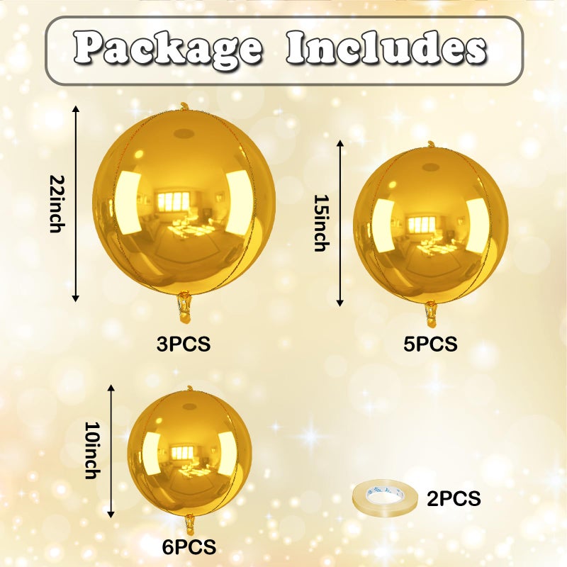 Froova 14 Pcs Gold Round Foil Balloons 22/15/10 4D Ball Balloons Metallic Golden Balloon Ornament Mylar Balloon Chrome for Graduation Birthday Wedding Anniversary New Year Disco Party Decorations - Image 2