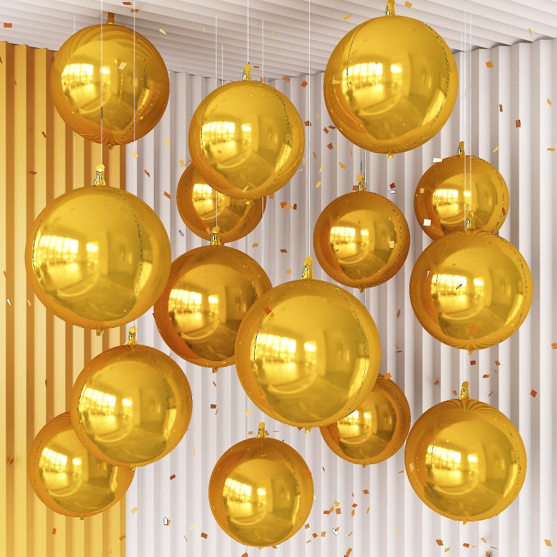 Froova 14 Pcs Gold Round Foil Balloons 22/15/10 4D Ball Balloons Metallic Golden Balloon Ornament Mylar Balloon Chrome for Graduation Birthday Wedding Anniversary New Year Disco Party Decorations - Image 1