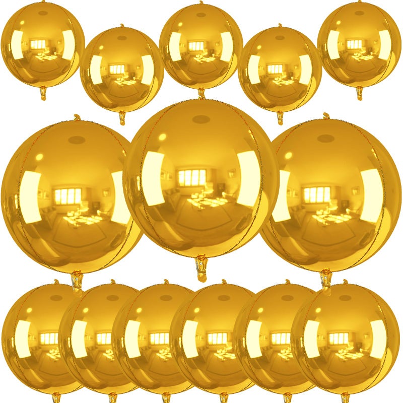 Froova 14 Pcs Gold Round Foil Balloons 22/15/10 4D Ball Balloons Metallic Golden Balloon Ornament Mylar Balloon Chrome for Graduation Birthday Wedding Anniversary New Year Disco Party Decorations - Image 3