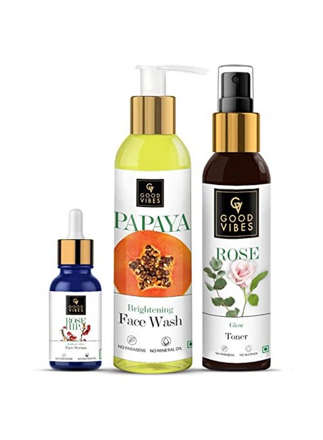 Good Vibes Skincare Combo For Glowing Skin | Papaya Brightening Face Wash 120 Ml Rose Glow Toner 120 Ml Rose Hip Radiant Glow Face Serum 10 Ml | Suitable For All Skin Types | No Parabens & Sulphates - Image 2