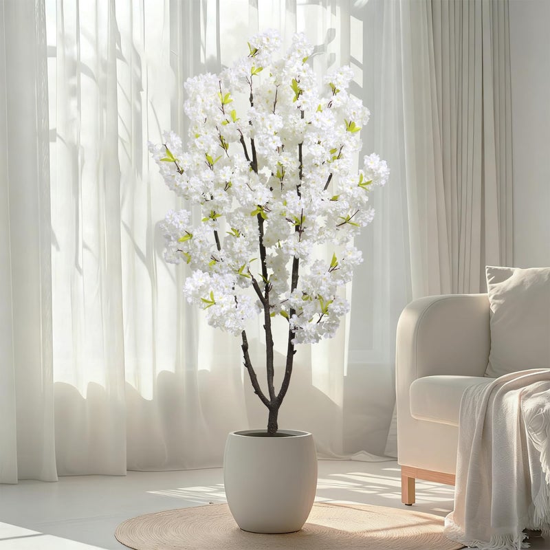 DRACIT Faux White Cherry Blossom 6ft(72in) Artificial Floor Plant for Indoor Decor Natural Potted Tree with Texture Flowers and Realistic Wood Trunk for Home Living Room,Office Perfect Housewarming Gift - Image 1