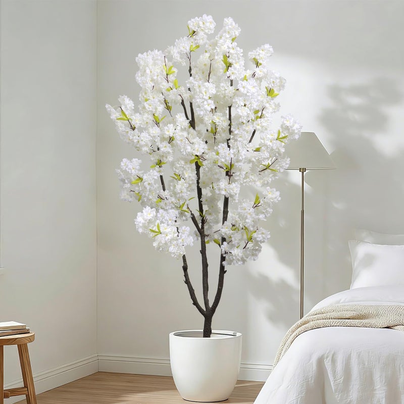 DRACIT Faux White Cherry Blossom 6ft(72in) Artificial Floor Plant for Indoor Decor Natural Potted Tree with Texture Flowers and Realistic Wood Trunk for Home Living Room,Office Perfect Housewarming Gift - Image 3