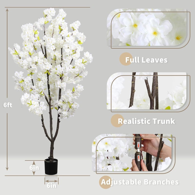 DRACIT Faux White Cherry Blossom 6ft(72in) Artificial Floor Plant for Indoor Decor Natural Potted Tree with Texture Flowers and Realistic Wood Trunk for Home Living Room,Office Perfect Housewarming Gift - Image 5