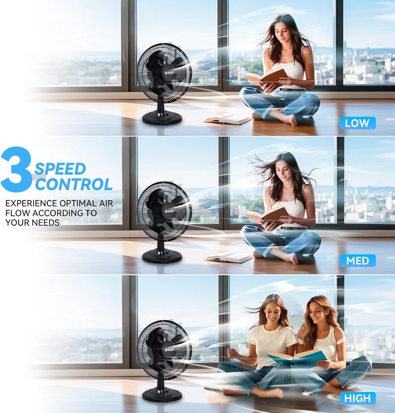 BEYOND BREEZE Oscillating Table Fan Quiet 3-Speed 12-Inch Adjustable Tilt Fan with Safety Grill, Ideal for Home, Office, Dorm, Black - Image 2