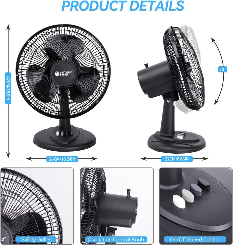 BEYOND BREEZE Oscillating Table Fan Quiet 3-Speed 12-Inch Adjustable Tilt Fan with Safety Grill, Ideal for Home, Office, Dorm, Black - Image 5