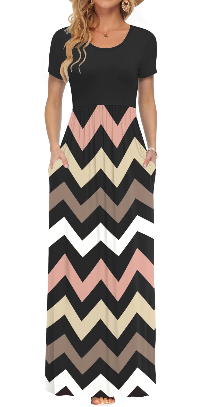AUSELILY Plus Size Floral Maxi Dress for Women Summer Casual Short Sleeve Crewneck Empire Waist Long Flower Dresses with Pockets 2026 Striped Black XL - Image 1