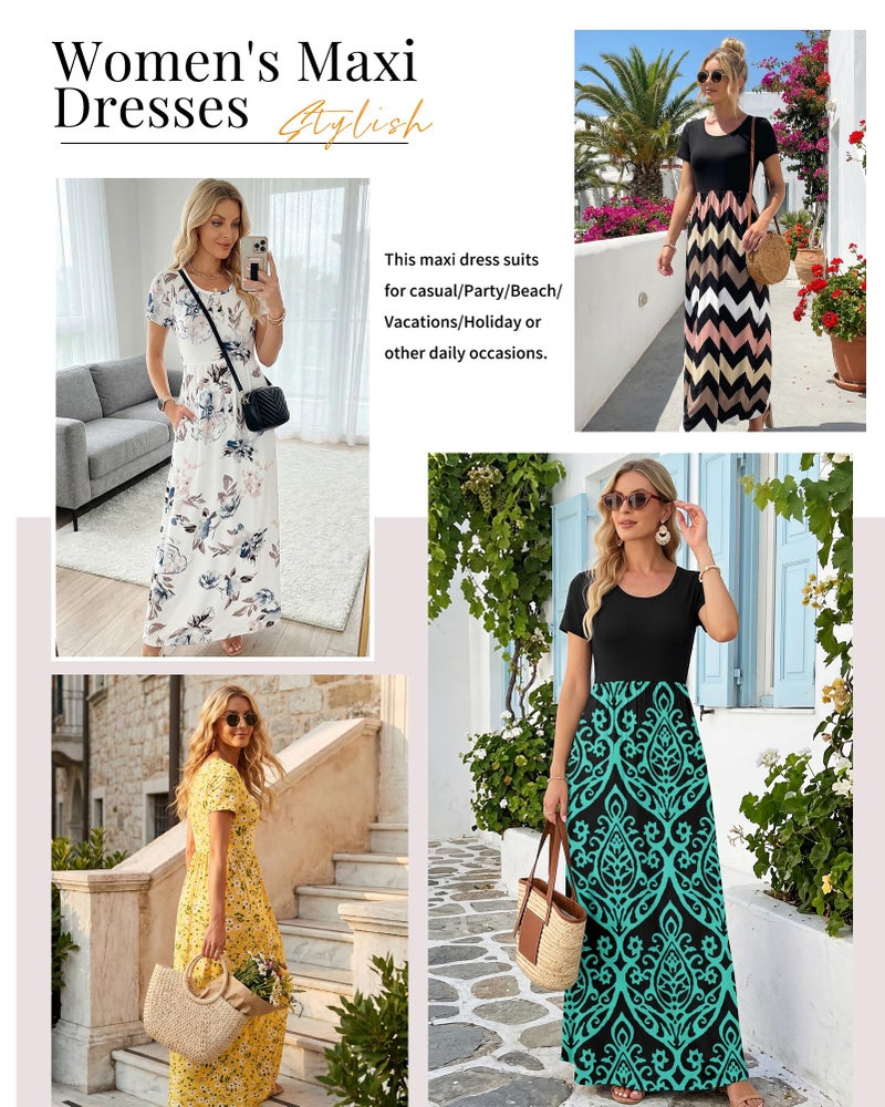 AUSELILY Plus Size Floral Maxi Dress for Women Summer Casual Short Sleeve Crewneck Empire Waist Long Flower Dresses with Pockets 2026 Striped Black XL - Image 2