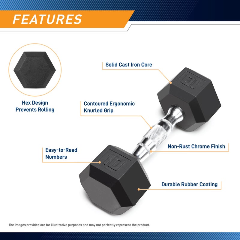 Marcy Classic Rubber Hex Dumbbell with Knurled Grip for Strength Training and Bodybuilding 10-lbs Single Dumbbell IBRH-010 - Image 3