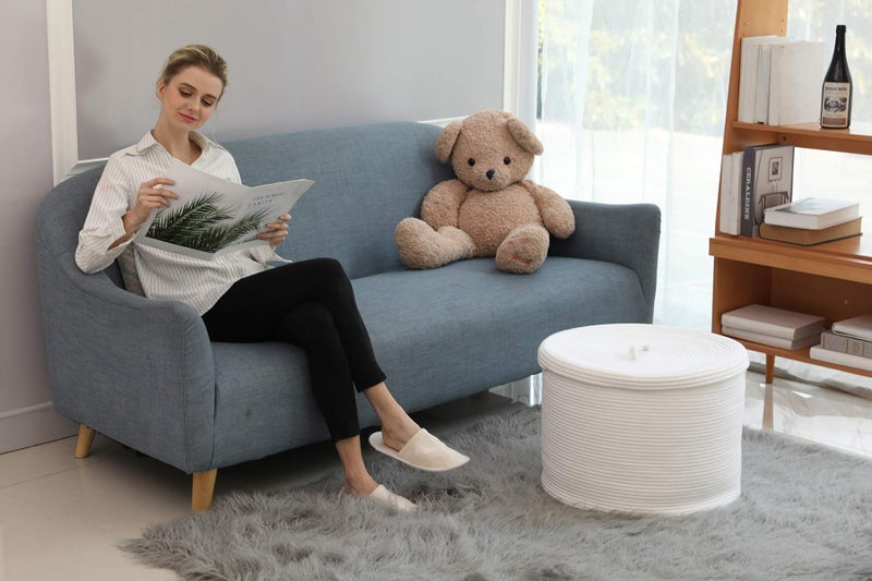 Cottonphant 20" x 20" x 15" Extra Large Storage Basket with Lid, Cotton Rope Storage Baskets, Laundry Hamper, Cloth Bin, for Clothes Towels Blankets Pillows Storage in Living Room, Full White Basket with Cover - Image 3