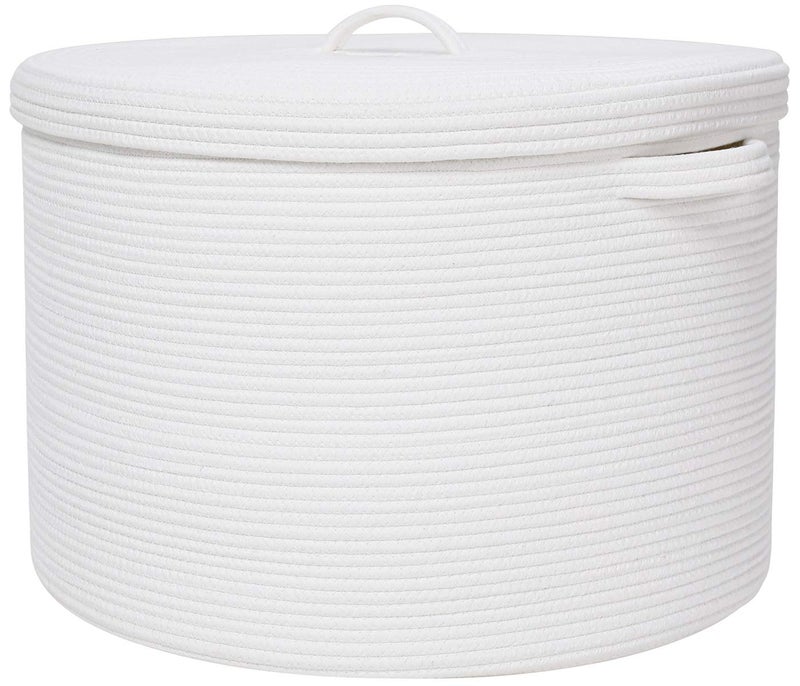 Cottonphant 20" x 20" x 15" Extra Large Storage Basket with Lid, Cotton Rope Storage Baskets, Laundry Hamper, Cloth Bin, for Clothes Towels Blankets Pillows Storage in Living Room, Full White Basket with Cover - Image 1