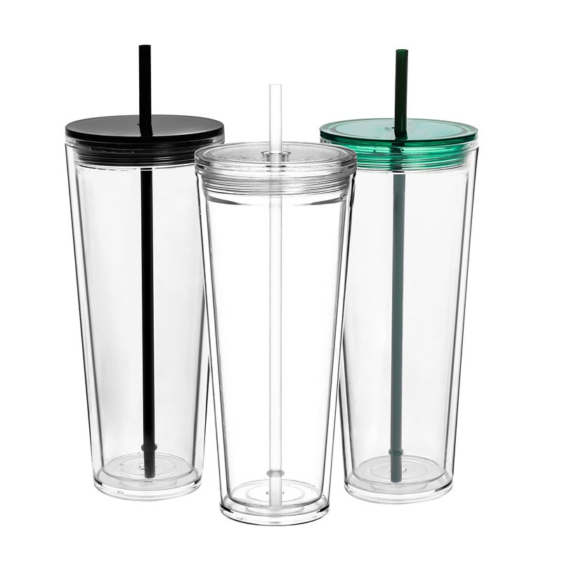 Suertestarry 24 oz Clear Tumblers with Lid and Straw 3 Pack Plastic Tumblers Reusable Double Wall Insulated Cups for TravelParties BirthdaysGifts3 TransparentBlackGreen