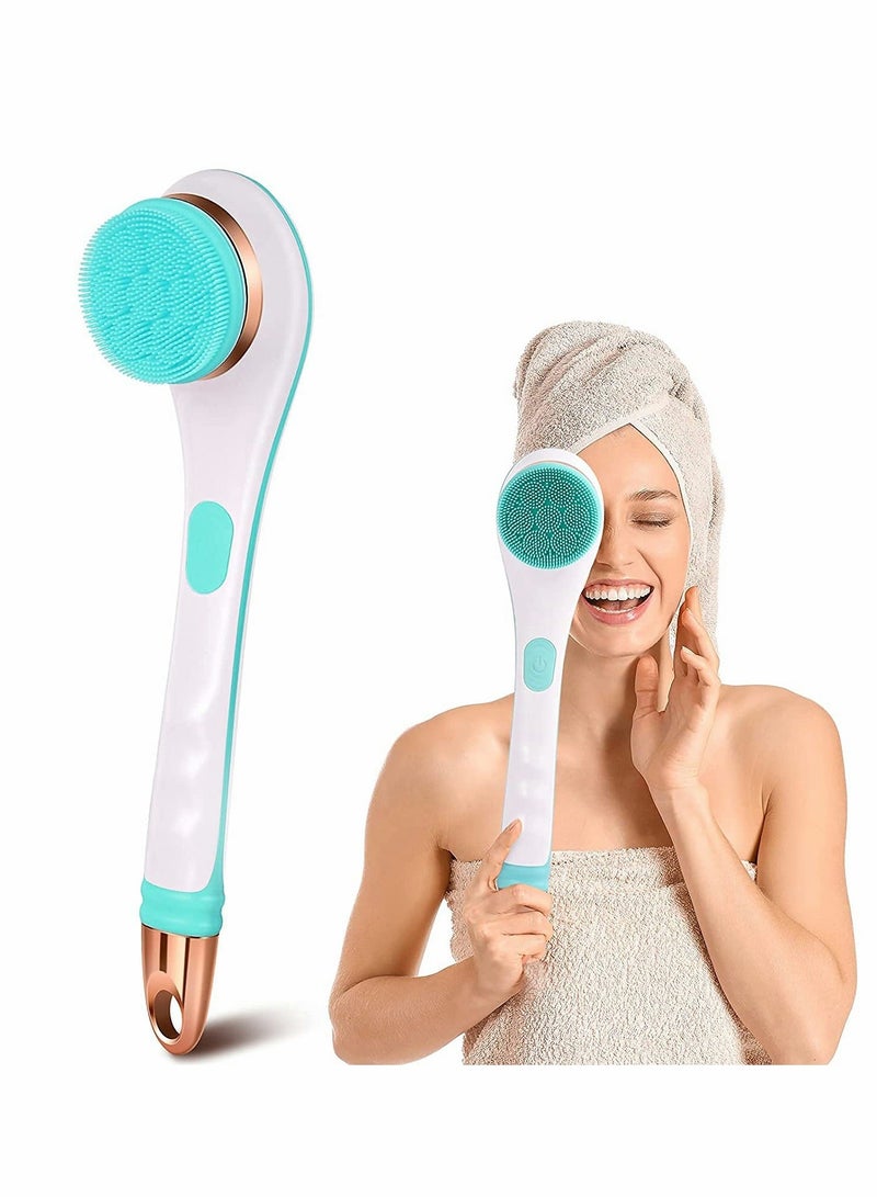 Electric Shower Brush Rechargeable Rotating Long Handle Back Scrubber Suitable for Body Cleansing Exfoliation Waterproof and Non-Slip with 4 Types of Heads (Blue) - Image 1